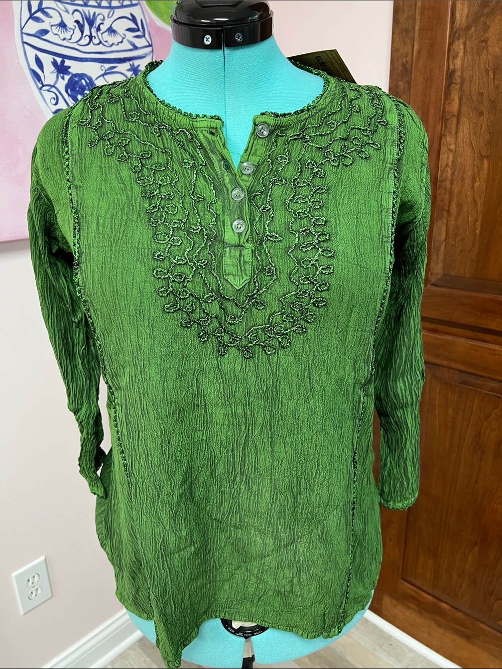Women's Green Embroidered Tunic Top with Button Placket